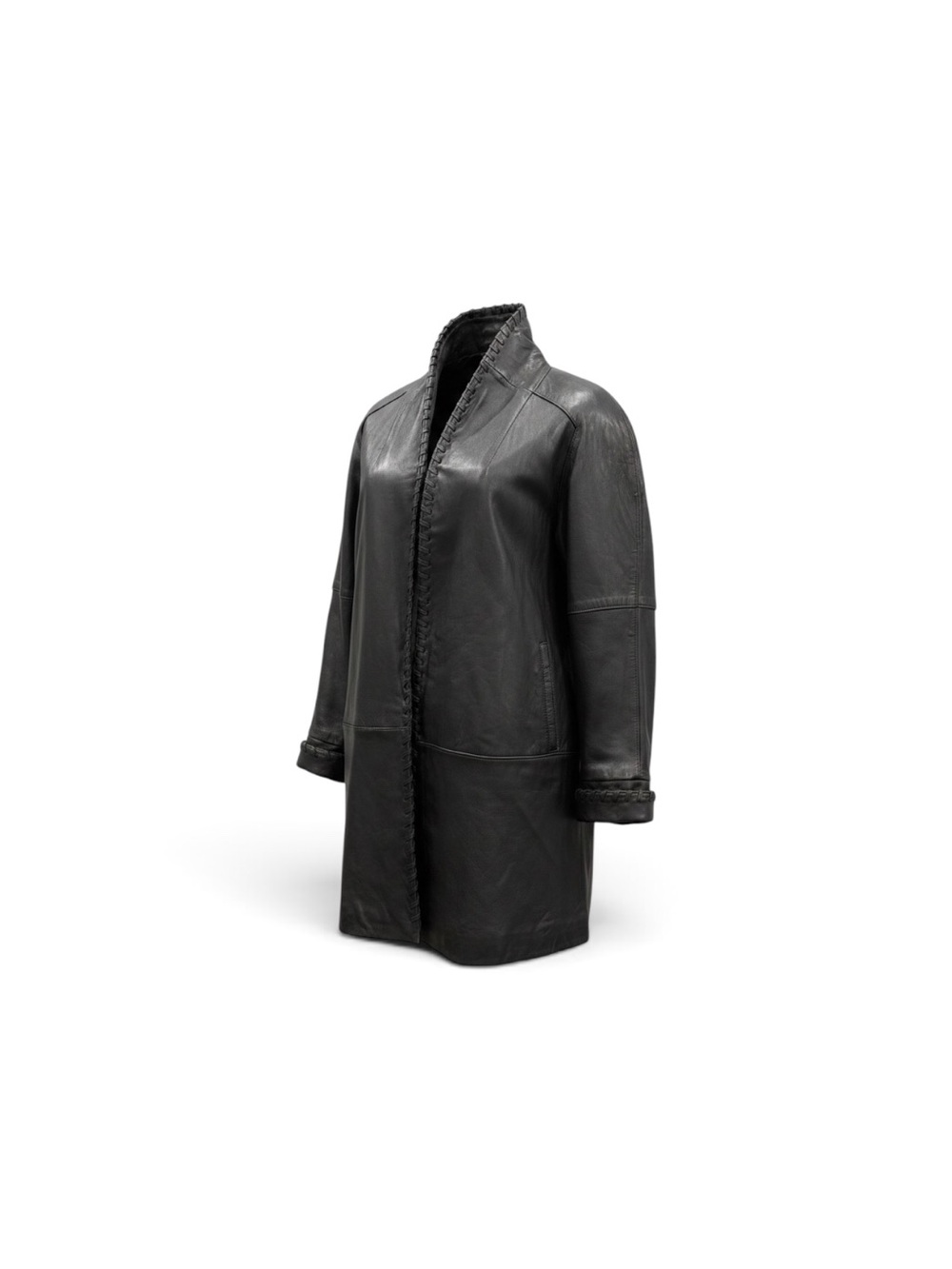 Women's Black Leather Open-Front Long Coat